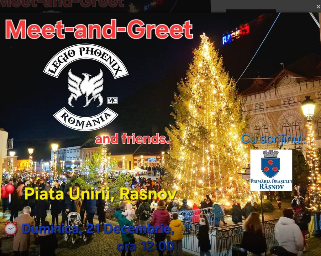 Motociclete împodobite și dulciuri pentru copii, în Piața Unirii, la Râșnov. Pe 21 Decembrie, 12:00