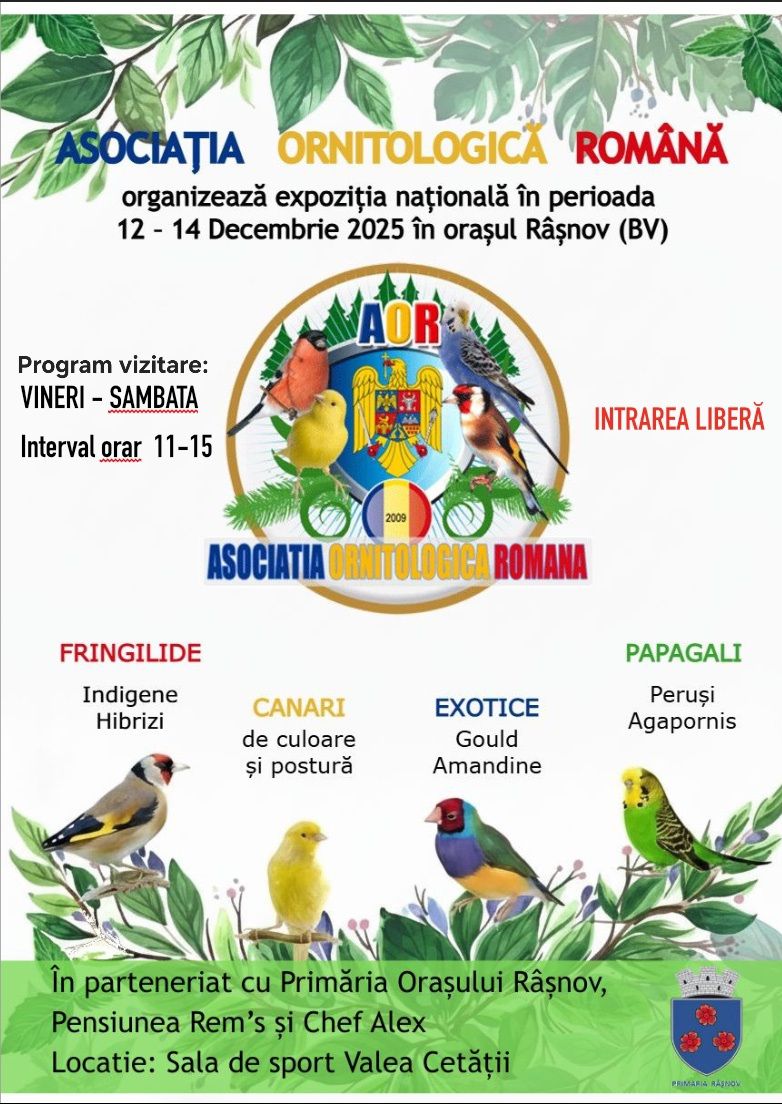 Asociația Ornitologică Română, în parteneriat cu Primăria Orașului Râșnov, are deosebita plăcere să anunțe organizarea Expoziției Naționale de Păsări Exotice – 12 – 14 decembrie 2025